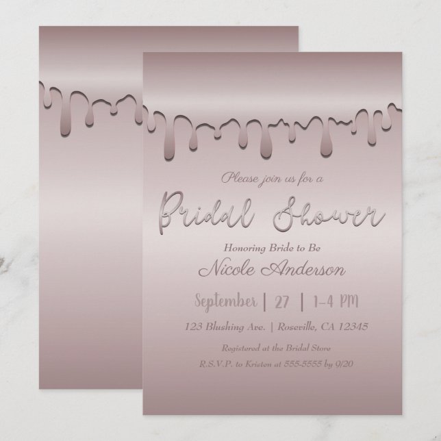 Invitation Mariage Icy Blush Rose Gold Rose Foncé Dégoulinant (Devant / Derrière)