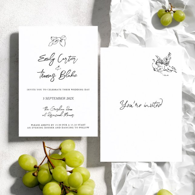 Invitation Mariage Illustration Manuscrite à l'Encre Fantaisi (Whimsical Ink Hand Drawn Illustration Wedding Invitation)