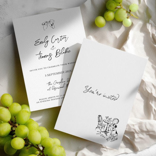 Invitation Mariage Illustration Manuscrite à l'Encre Fantaisi (Whimsical Ink Hand Drawn Illustration Wedding Invitation)