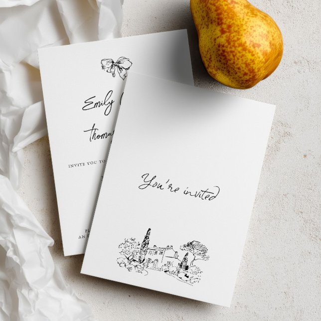 Invitation Mariage Illustration Manuscrite à l'Encre Fantaisi (Whimsical Ink Hand Drawn Illustration Wedding Invitation)