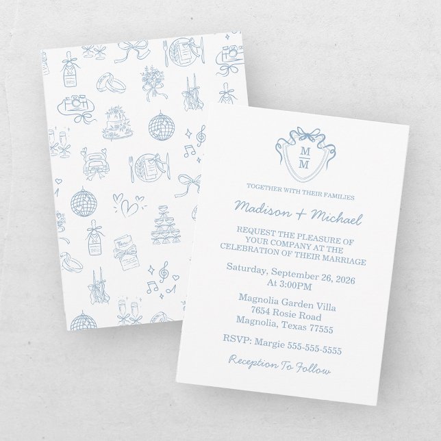 Invitation Mariage Illustré Bleu Dessiné à la Main de Manière (Créateur téléchargé)