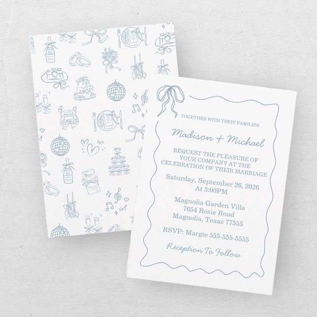 Invitation Mariage Illustré Bleu Dessiné à la Main de Manière (Créateur téléchargé)