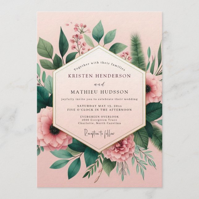 Invitation Mariage Illustré de Pivoine Rose (Devant)