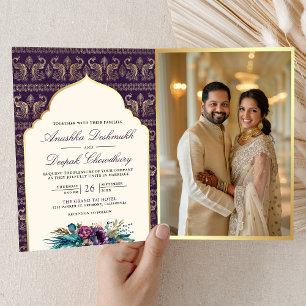 Invitation Mariage indien à motif de paon violet ivoire