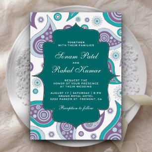 Invitation Mariage indien à motif paisley sarcelle et mauve