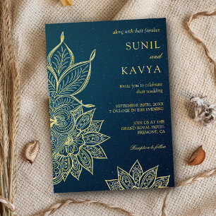 Invitation Mariage indien au henné bleu or moderne