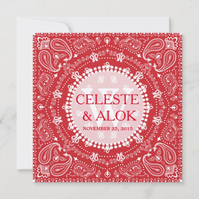 Invitation Mariage indien Bohemian Red & White Paisley (Devant)