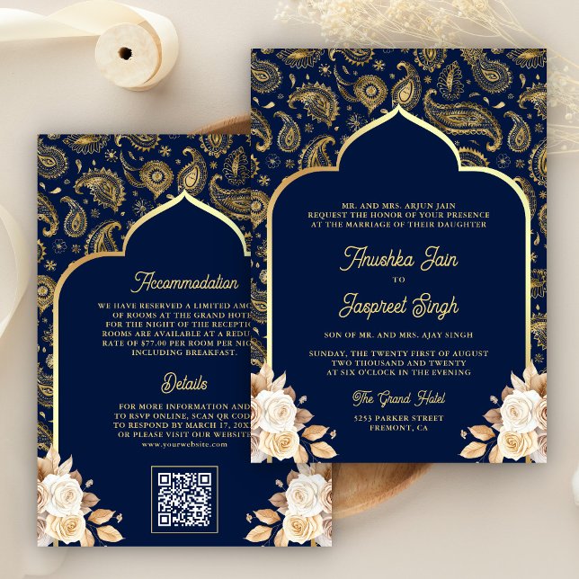 Invitation Mariage indien Code QR Floral Paisley Or et Bleu (Créateur téléchargé)