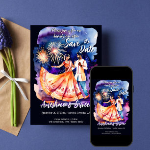 Invitation Mariage indien couple de danse feux d'artifice enr