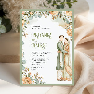 Invitation Mariage Indien Couple Fleur de Pêcher Vert Sage