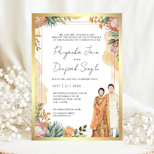 Invitation Mariage Indien Couple Floral Protea Aquarelle