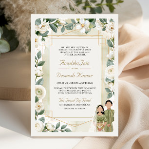 Invitation Mariage indien couple floral vert sage ivoire