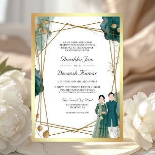 Invitation Mariage Indien Couple Géométrique Or Sarcelle