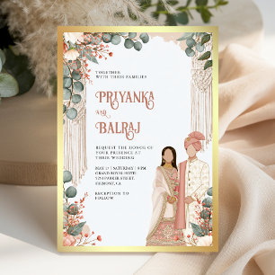 Invitation Mariage Indien Couple Macrame Eucalyptus Pêche