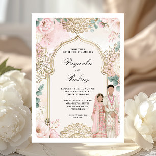Invitation Mariage Indien Couple Mandala Doré Floral Rose