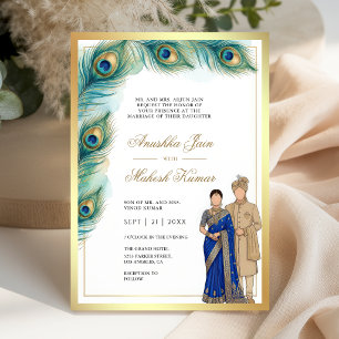 Invitation Mariage indien de couple avec des plumes de paon é