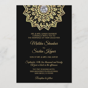 Invitation Mariage indien de mandala de noir élégant d'or
