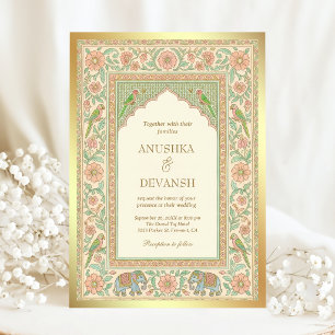 Invitation Mariage indien de perroquets et d'éléphants à l'ar