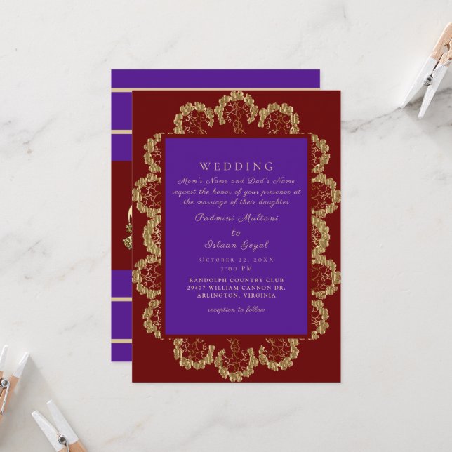 Invitation Mariage indien de style II rouge profond et violet (Devant/Arrière en situation)
