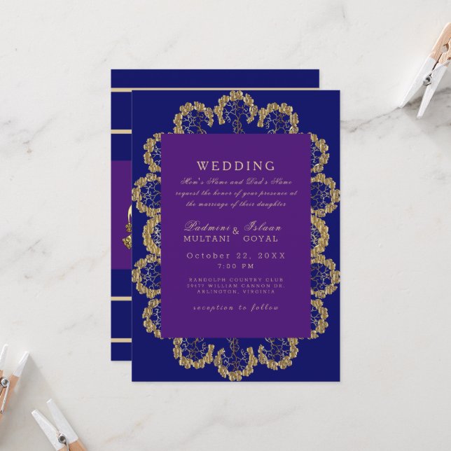 Invitation Mariage indien de style royal bleu et violet   (Devant/Arrière en situation)