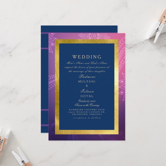 Invitation Mariage indien de style royal bleu, rose et or   (Devant/Arrière en situation)