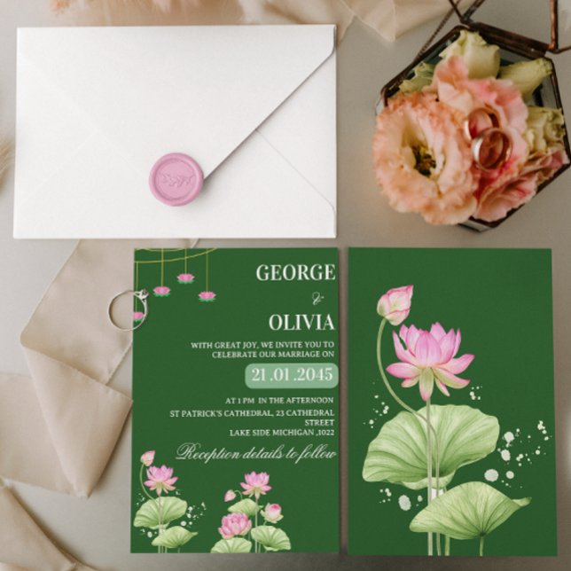 Invitation Mariage indien Deep Green Lotus Flower (Créateur téléchargé)