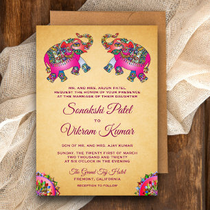 Invitation Mariage indien des éléphants roses ethniques dynam