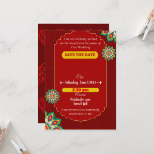 Invitation Mariage indien élégant rouge, enregistrer la date