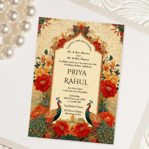 Invitation Mariage indien élégant vintage floral paon