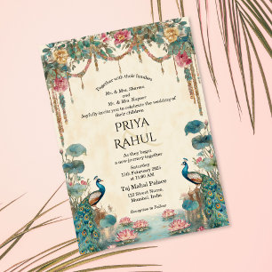 Invitation Mariage indien élégant vintage floral paon