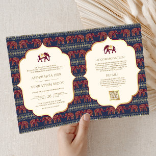 Invitation Mariage Indien Éléphant Bleu Marine Bourgogne Or