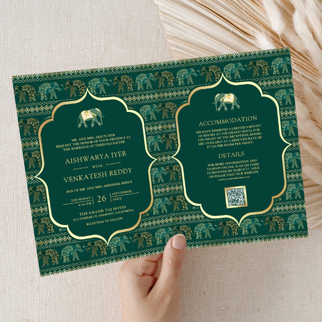 Invitation Mariage indien Emerald Green Gold Elephant (Créateur téléchargé)