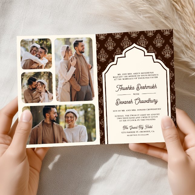 Invitation Mariage indien en ikat marron clair avec collage d (Créateur téléchargé)