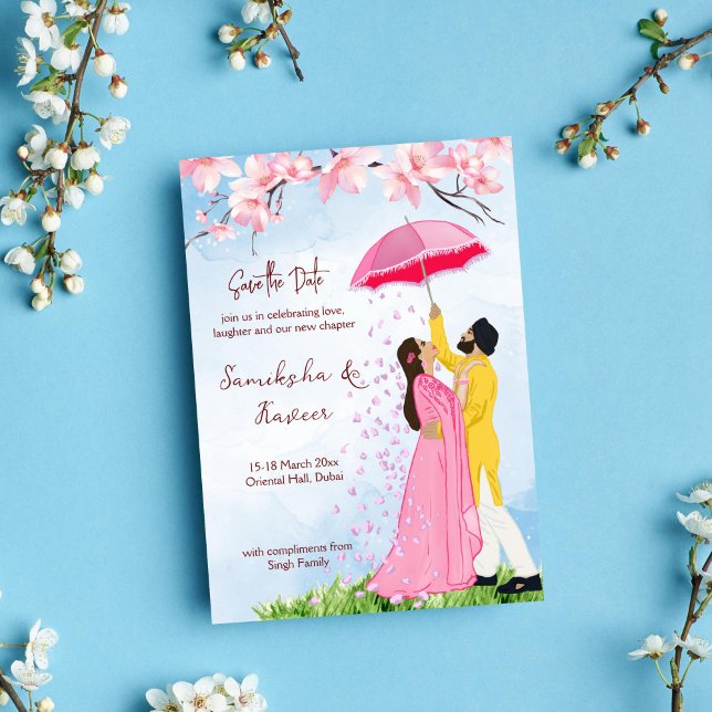 Invitation Mariage indien enregistrer la date couple avec par (Indian wedding save the date card romantic Indian couple with umbrella falling petals template)