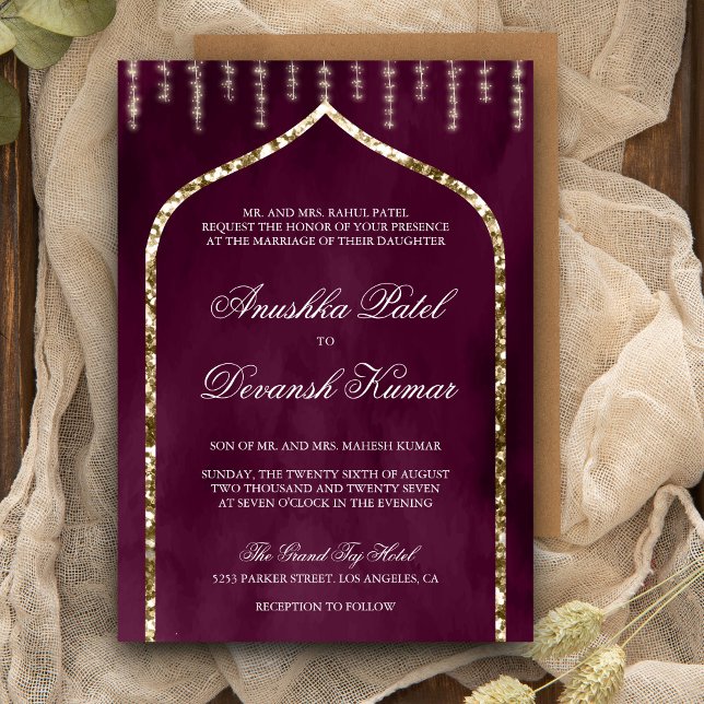 Invitation Mariage Indien Ethnique Arch Or Violet Prune (Créateur téléchargé)