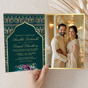 Invitation Mariage Indien Floral à Motif Paon Or Sarcelle