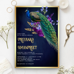 Invitation Mariage indien floral bleu de minuit violet Paon
