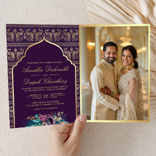 Invitation Mariage indien floral motif paon or pourpre