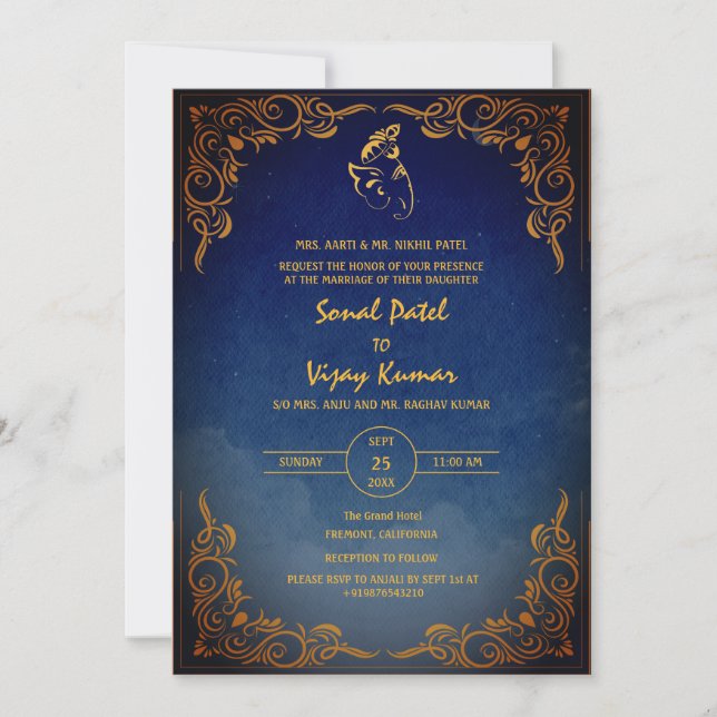 Invitation Mariage indien Ganesha Logo Éléments dorés (Devant)