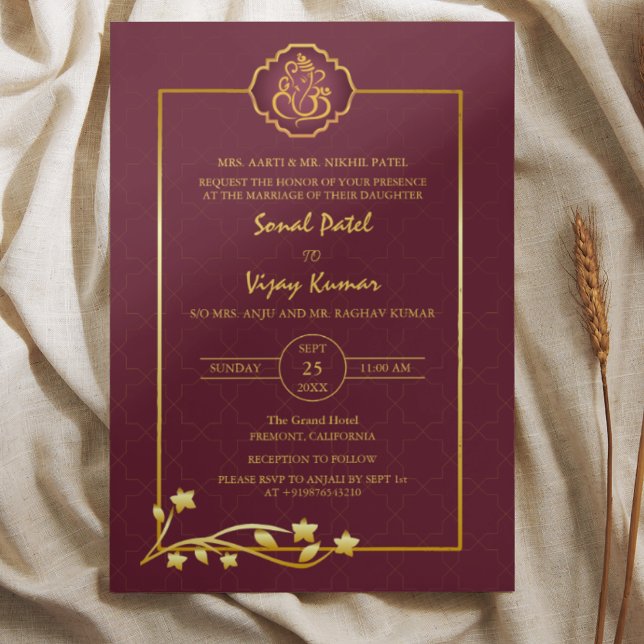 Invitation Mariage indien Ganesha Logo Éléments dorés (Créateur téléchargé)