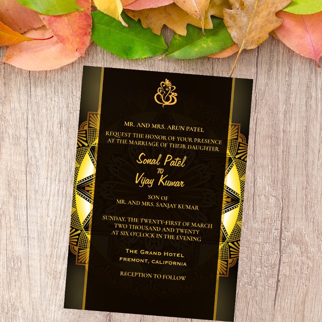 Invitation Mariage indien Hindou Chakra Design Black Gold (Créateur téléchargé)