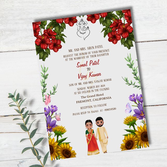 Invitation Mariage indien hindou Ganesha Floral (Créateur téléchargé)