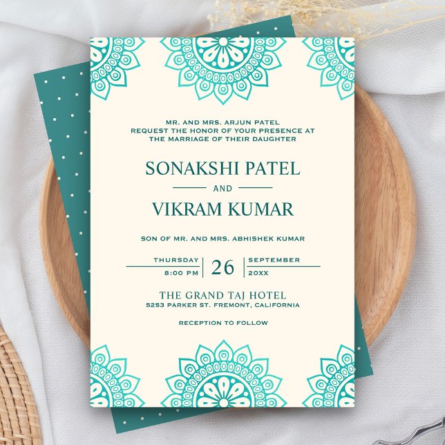 Invitation Mariage indien mandala beige et sarcelle ethnique (Créateur téléchargé)