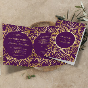 Invitation Mariage indien Mandala d'ethnie violet et or