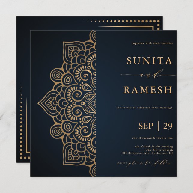 Invitation Mariage indien Mandala élégant en or bleu foncé (Devant / Derrière)