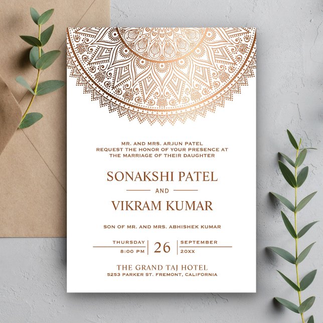 Invitation Mariage indien Mandala en bronze blanc traditionne (Créateur téléchargé)