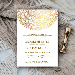Invitation Mariage indien Mandala en or blanc traditionnel