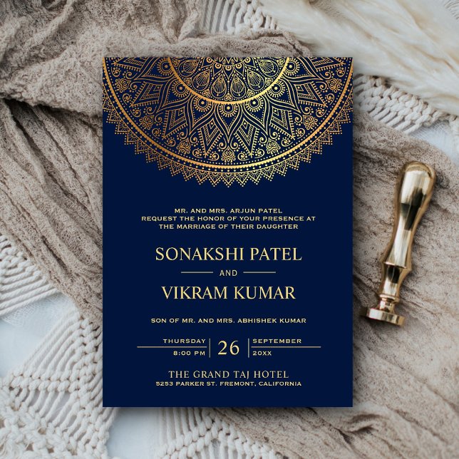Invitation Mariage indien Mandala en or bleu traditionnel (Créateur téléchargé)