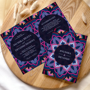 Invitation Mariage indien mandala ethnique bleu rose violet
