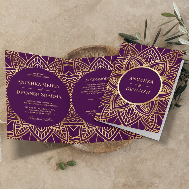 Invitation Mariage indien Mandala ethnique pourpre et or (Créateur téléchargé)